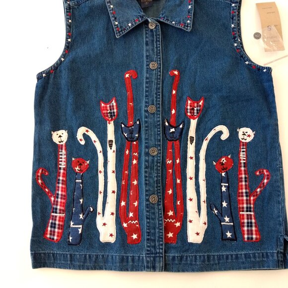 LIFE STYLE Vest Women's S Blue Denim Embroidered Cats Applique Button - Picture 8 of 14